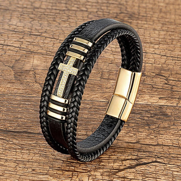 Classic Jesus Cross Charm Cubic Zirconia Black Woven Leather Rope Chain Bracelets For Men Women - The Jewellery Supermarket